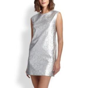 DKNY Metallic Silver Lace Shift Mini Dress S